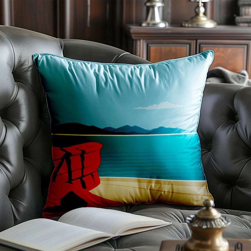 Seaside Cliff Pillow Cover 18x18 Inch Polyester Zipper Machine Washable Modern Coastal Decor Sofa Bed