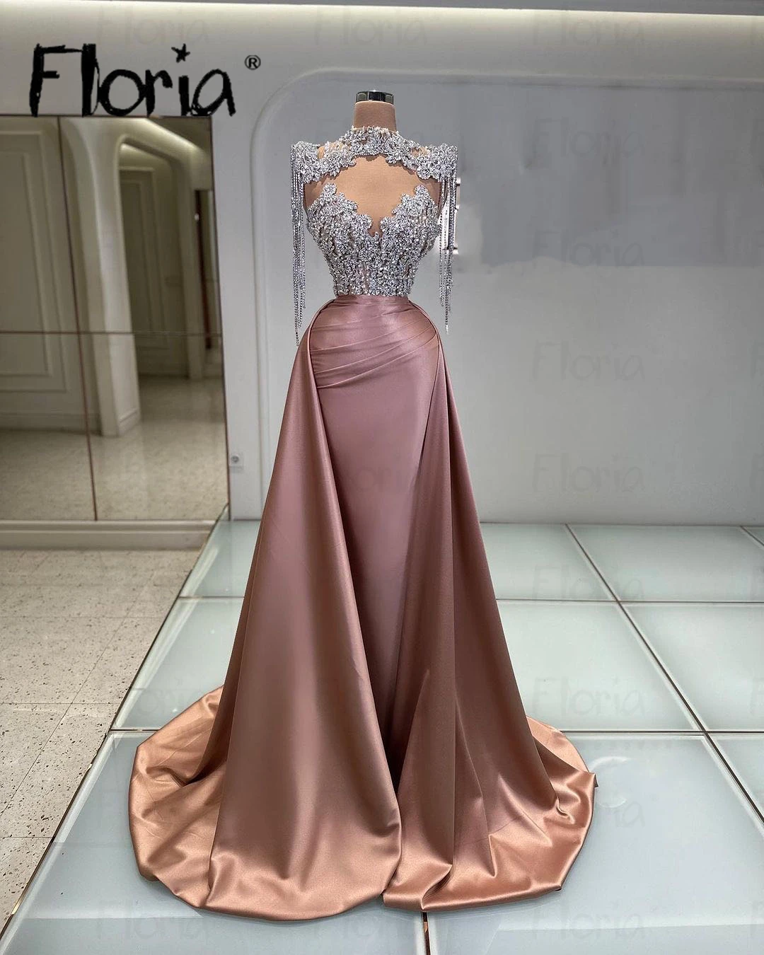 Heavy Beaded Dusty Pink Party Dress Overskirt Dubai Long Prom Gowns Tassel Engagement Dress Robe Soirée Female Formal Gowns 2024