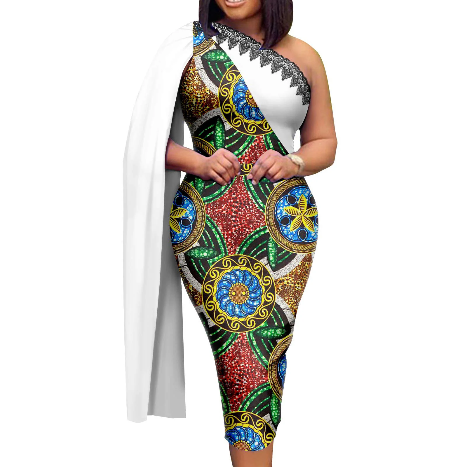 

Summer Dashiki Dresses for Women Single Cloak Sleeve Knee Length Casual Pencil African Party Wedding Dress Spring&Autumn Style