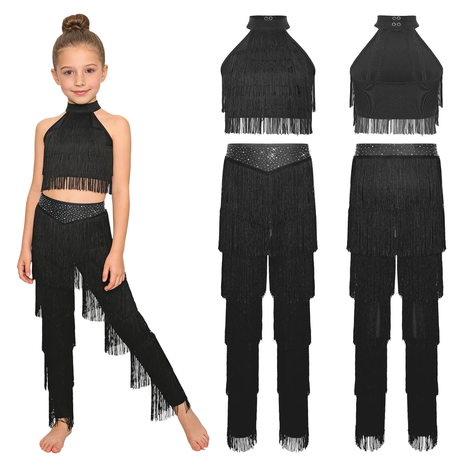

Kids Girls Tassels Latin Jazz Dance Outfit Cha-cha Salsa Samba Rumba Costume Sleeveless Crop Top with Rhinestone Pants Dancewear