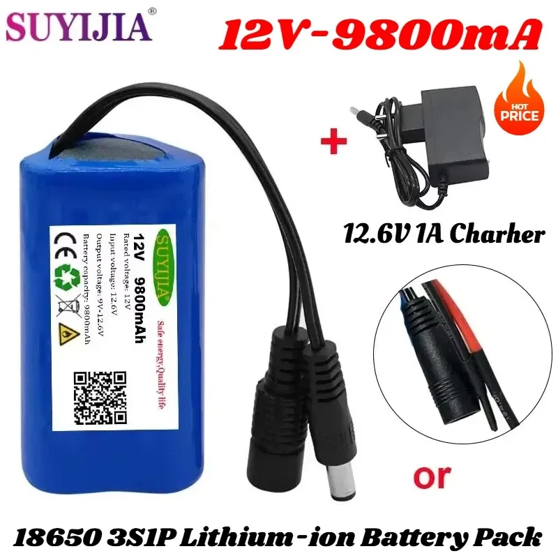 18650 12V 3S1P 9800mAh Battery 18650 Lithium-ion Battery Pack with BMS for Backup Power Supply CCTV Cameras+12.6V 1A Charher
