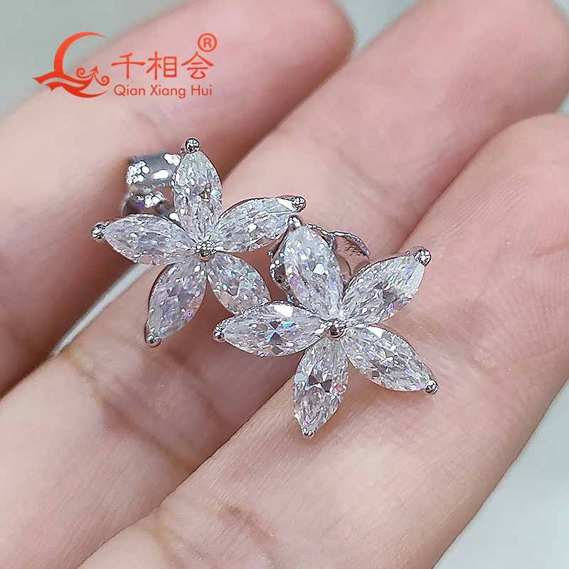 S925 silver 3*6mm marquise shape 5 flowers D VVS moissanite stone ear stud Earring for jewelry gift dating women wedding