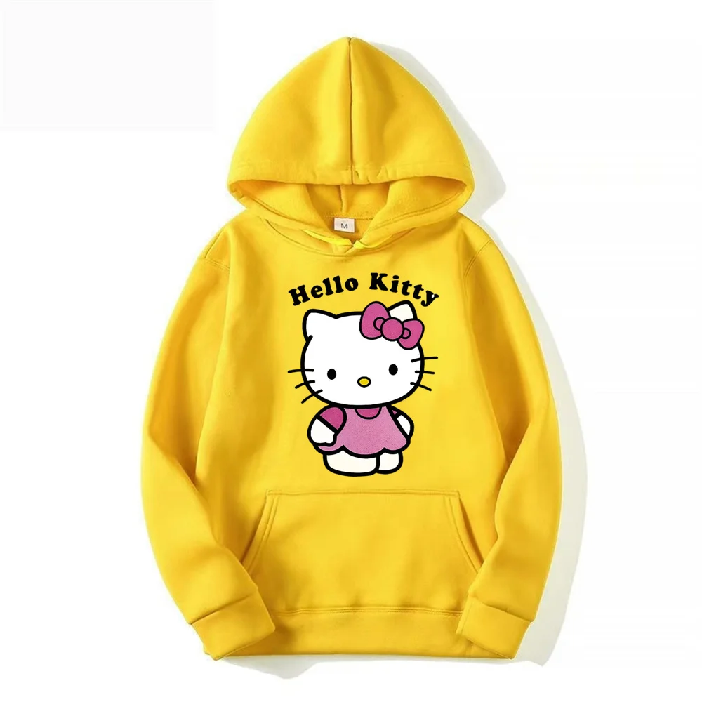 Bonitos moletons estampados Hello Kitty para mulheres, capuz casual confortável, capuz solto clássico, roupas básicas originais, na moda, quente