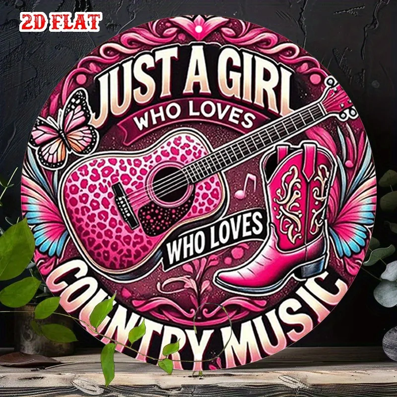 2D Flat 1pc Music Passion Round Aluminum Sign, Pink Vibes Metal Tin Sign, Country Love 7.87X7.87 Round Aluminum Sign