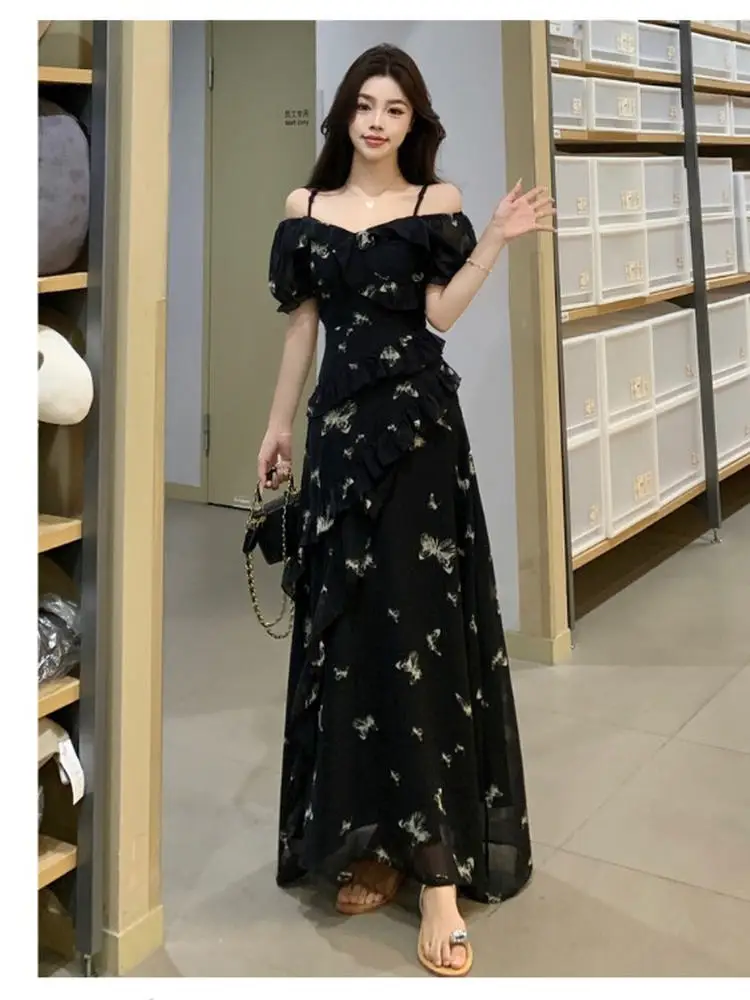 

plus Size Floral Print One oulder Strap ort Sve Dr Women's Summer New Waist Cinching Belly Cover Long Dr