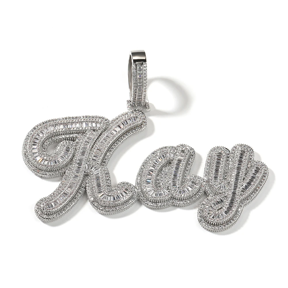 TBTK Custom Baguettecz Cursive Letter Name Pendant Iced Out Cubic Zirconia Personalized Chain Necklace Hiphop Jewelry