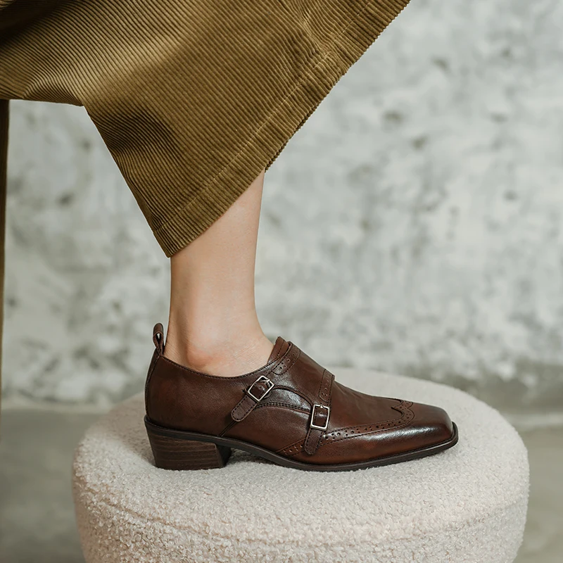 2026new spring autumn women pumps natural leather 22-25cm washed cowhide+sheepskin+pigskin square toe women shoes buckle loafers