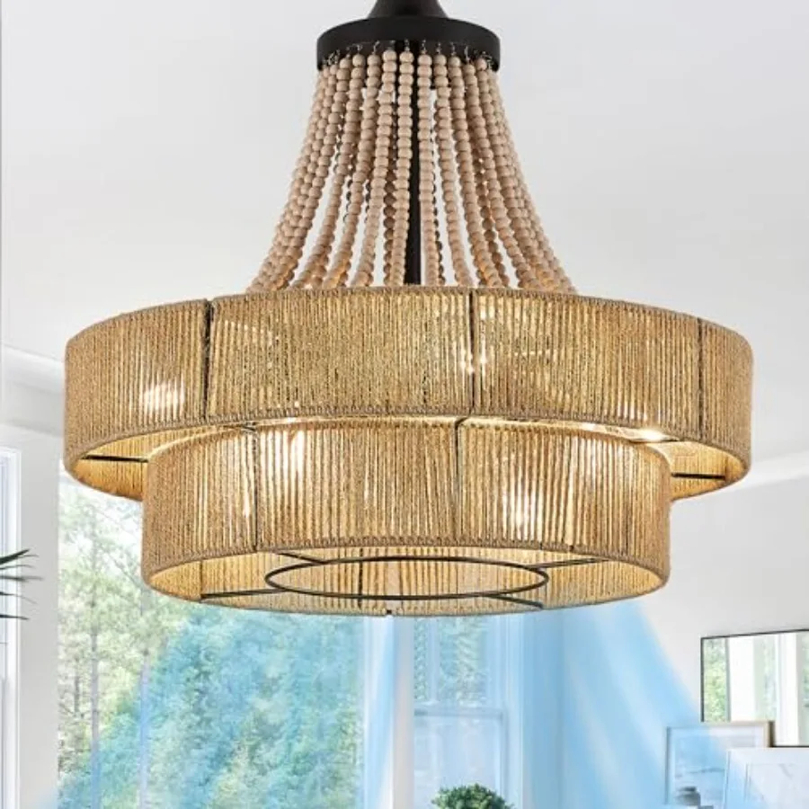 

20" Caged Ceiling Fan Double Layer Coastal Boho Ratten Chandelier Fandelier for Dining Table, Bedroom, Living Room, Wood Beaded