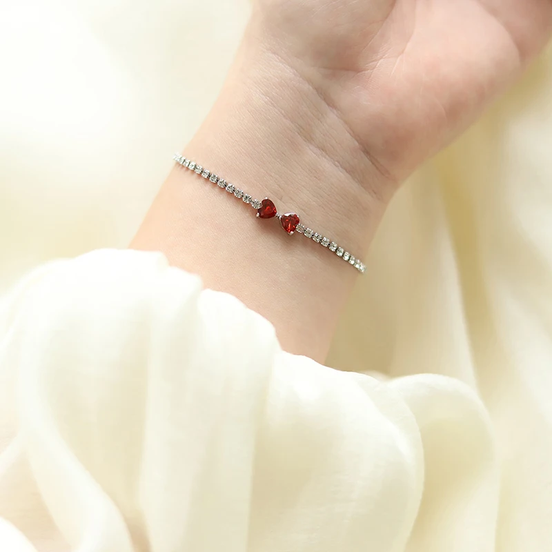 Exquisite Red Yellow White Cubic Zircon Heart Bow Bracelets for Women Stainless Steel Silver Color Tennis Chain Bracelet Gift