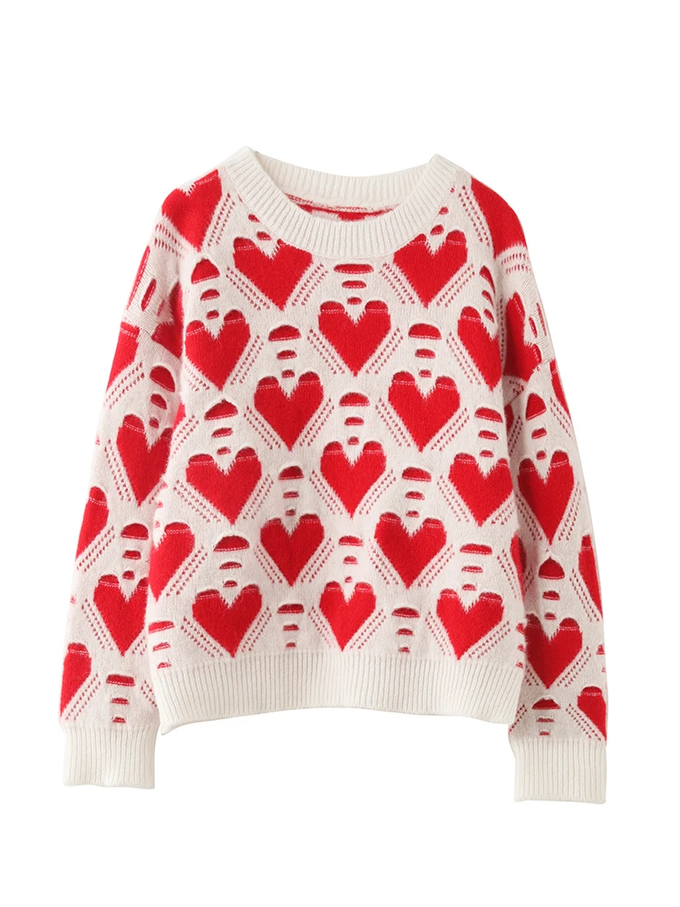 Children's Intarsia Heart Pattern Pure Wool Thick O-neck Pullover Boy Girl Kid Winter 100% Merino Sweater Teenager Tops Jumper