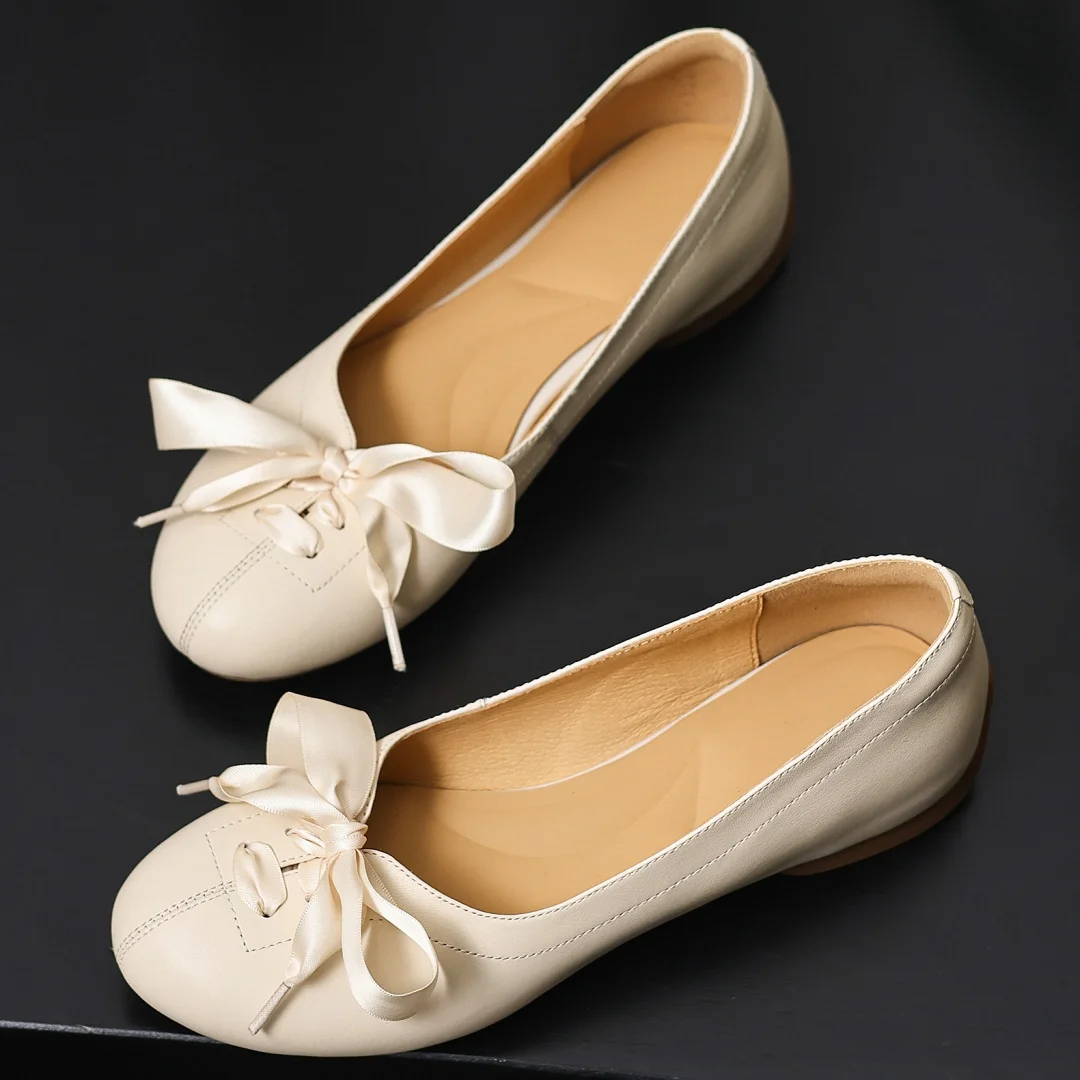 

danxuefei women's cow leather round toe riband lace-up flats loafers high quality soft comfortable casuaballerians moccasins