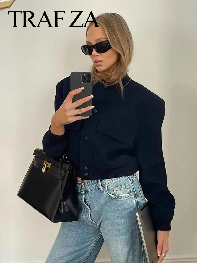 TRAFZA Fashion Women Cropped Slim Jacket Solid Long Sleeve Button Coat 2023 Autumn Streetwear Woman Elegant Jackets Outerwear