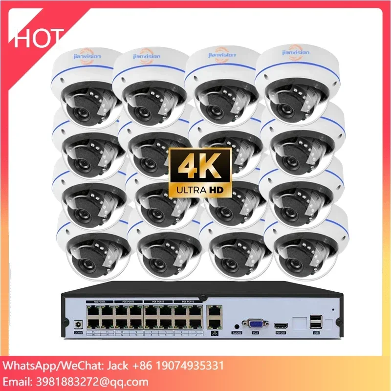 Jianvision Sistema IP NVR POE antivandalismo 4K 8MP Telecamera dome in metallo a 16 canali Sensore CMOS grandangolare Microfono incorporato per interni ed esterni