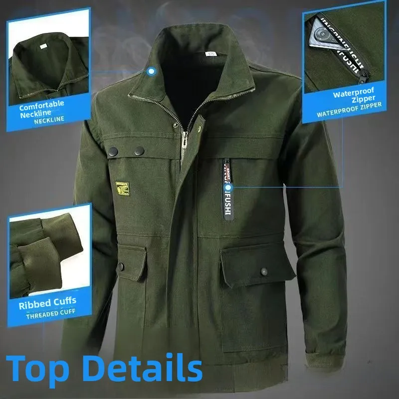 طقم ملابس عمل من القطن الخالص للرجال، مقاوم للحرارة ومضاد للتآكل، مناسب للحام والبناء والورش، للربيع والخريف