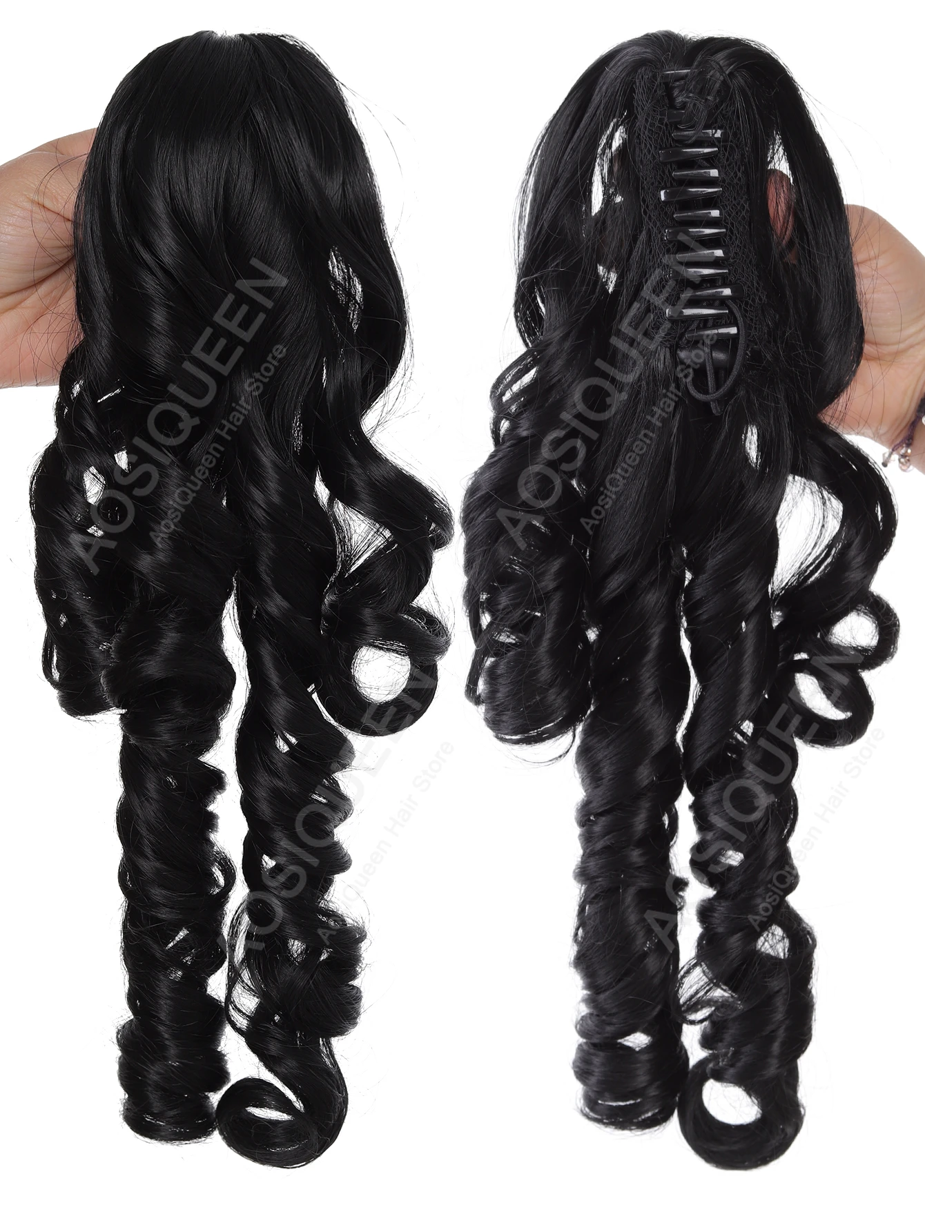 Synthetic 40cm Black Blonde Curly Clip In Hair Extensions Pieces Double Ponytail Suitable For Pairing With Lolita Short Hair