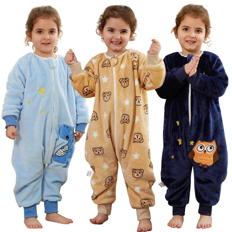 Baby Pajamas Winter Flannel Romper Pijamas Warm Thick Blue Dinosaur Brown Bear Kids Pyjama Infantil Cute Baby Jumpsuit Sleepwear