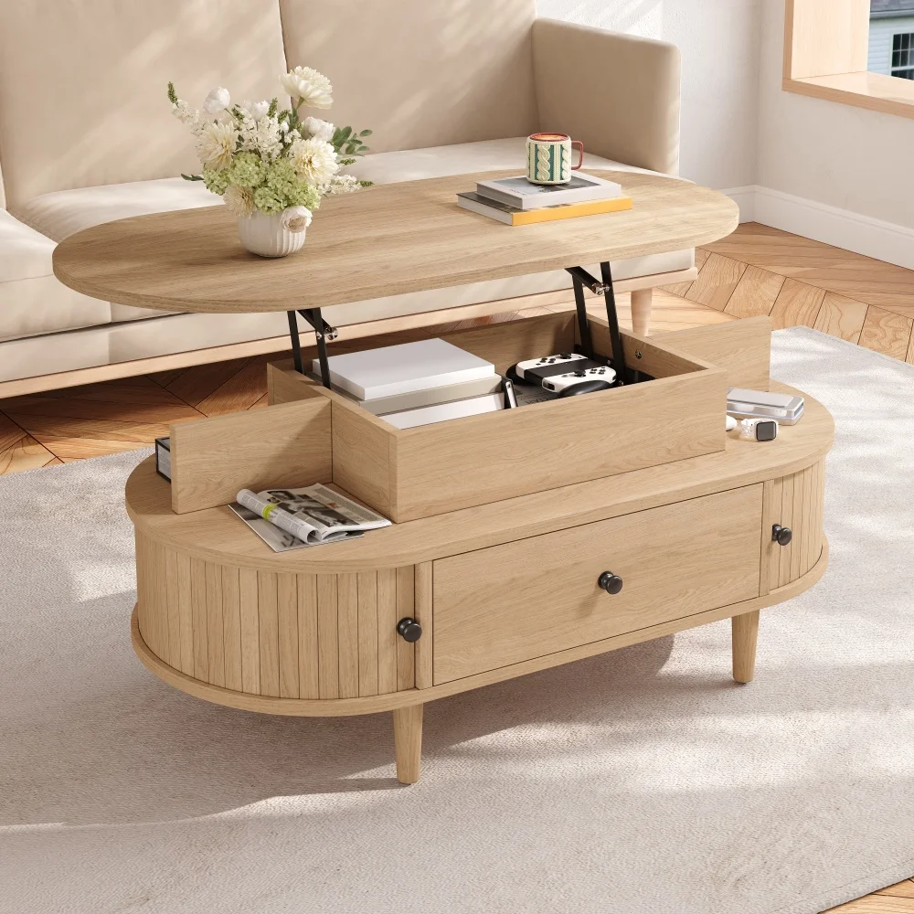 Tavolino da caffè moderno con piano sollevabile, tavolino da soggiorno con altezza regolabile, ampio spazio di archiviazione, dotato di 2 ripiani espositivi, cassetto e doppie ante scorrevoli,