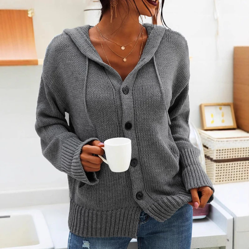 

Knitted Women's Sweaters in Autumn and Winter Single-breasted Solid Color Hooded Drawstring Women's Knitted Cardigan Jacket