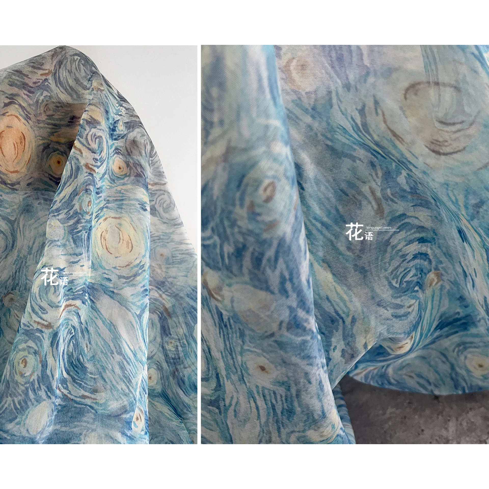 Van Gogh Starry Sky Night Blue Semi Transparent Printed Fabric Chiffon Gauze High-End DIY Dress Clothing Designer Fabric