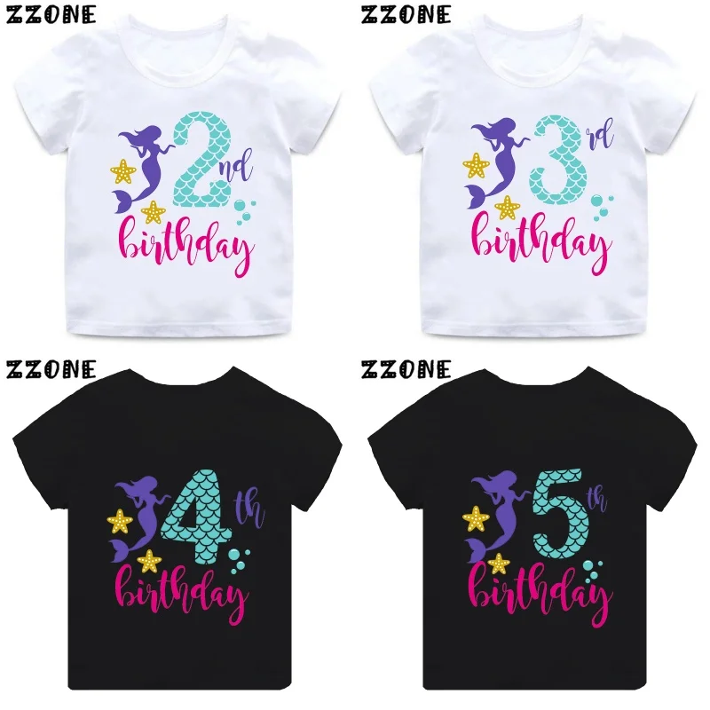 Mermaid Princess Print Cartoon Girls Clothes 1 2 3 4 5 6 7 8 9 Years Happy Birthday Kids Short Sleeve T shirt Baby Boys T-Shirts