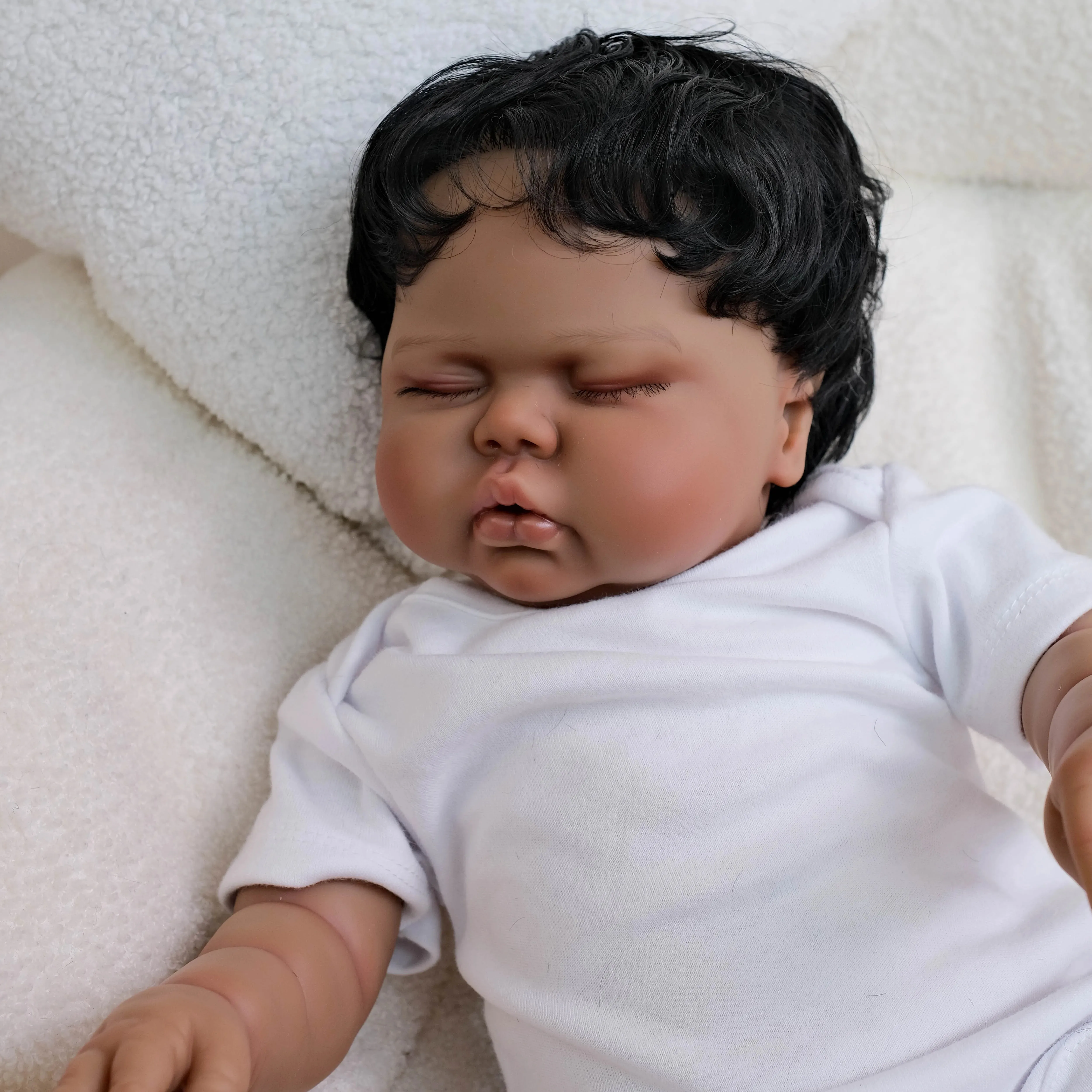 48CM Pickle Dark Skin Soft Cotton Body Lifelike Reborn Sleeping Baby Doll Multiple Layers Painting Hand Rooted Hair
