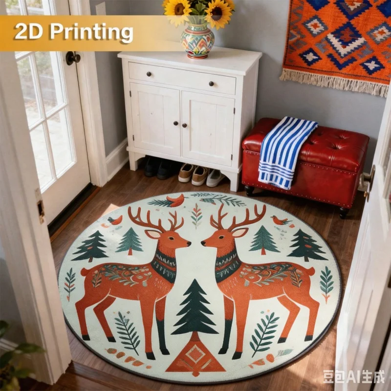 Newest 2D Round Carpet Vintage Forest Deer Bird Floral Round Rug Non Slip Boho Entryway Bedroom Carpet