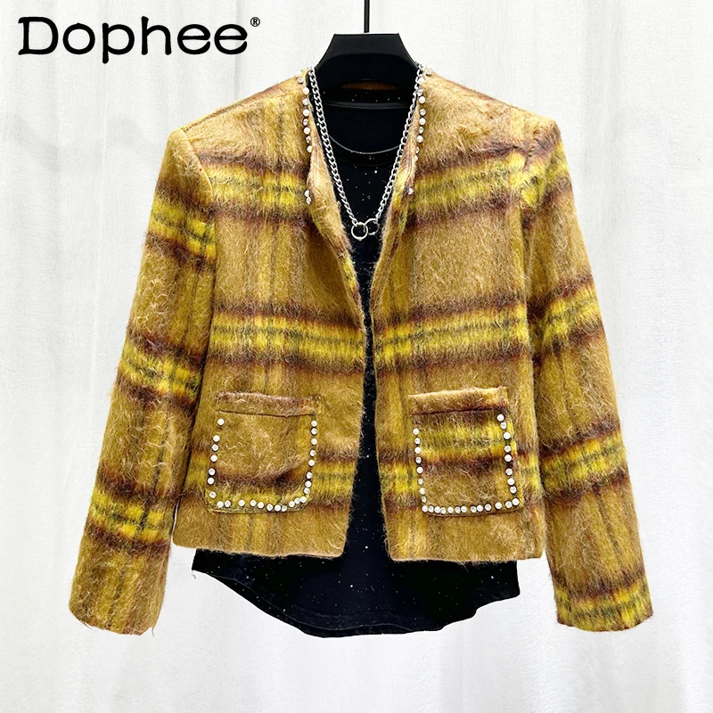 

2024 New Trendy Diamond Bead Design Chic Jackets Plush Woolen Small Fragrant Handsome Light Luxury Jacket Male Long Sleeve Coats