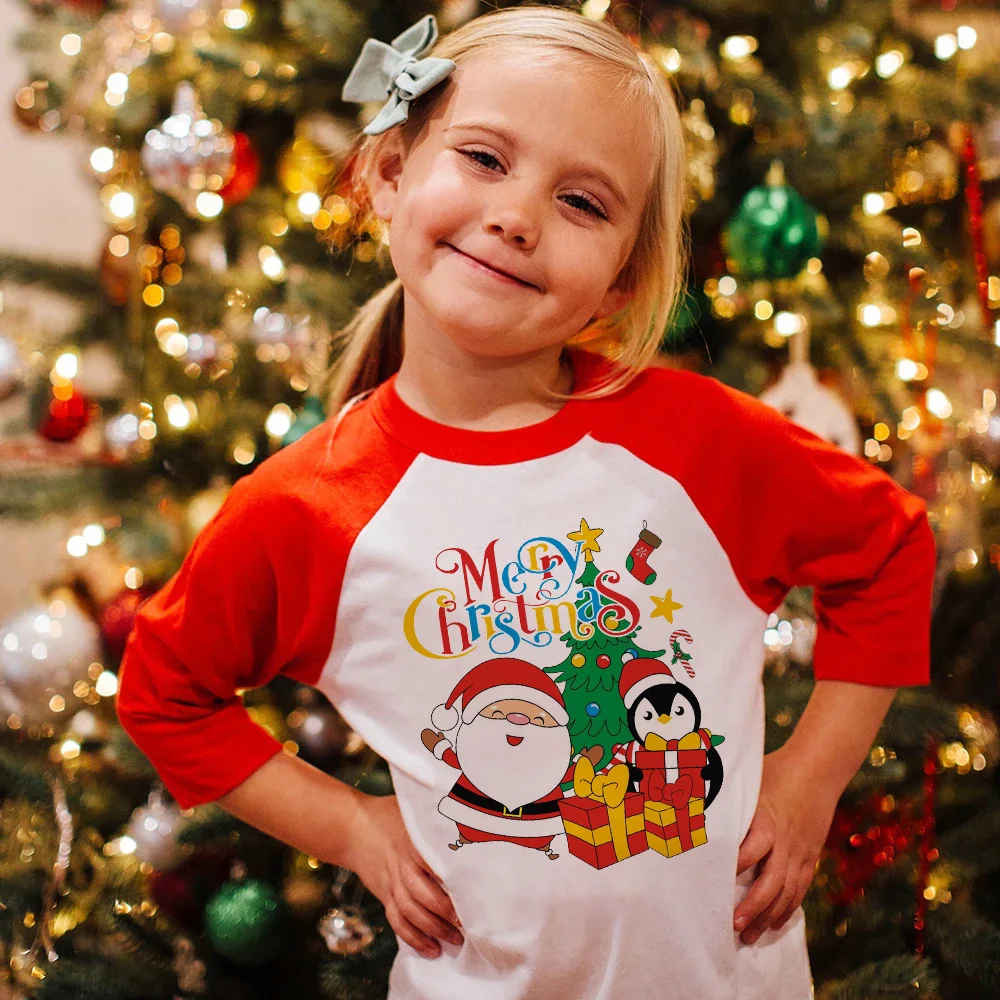 Snata Deer Printed Kids Long Sleeve Raglan Shirts Toddler Boys Girls Unisex Graphic T-shirt Xmas Tees Holiday Party Outfit Tops