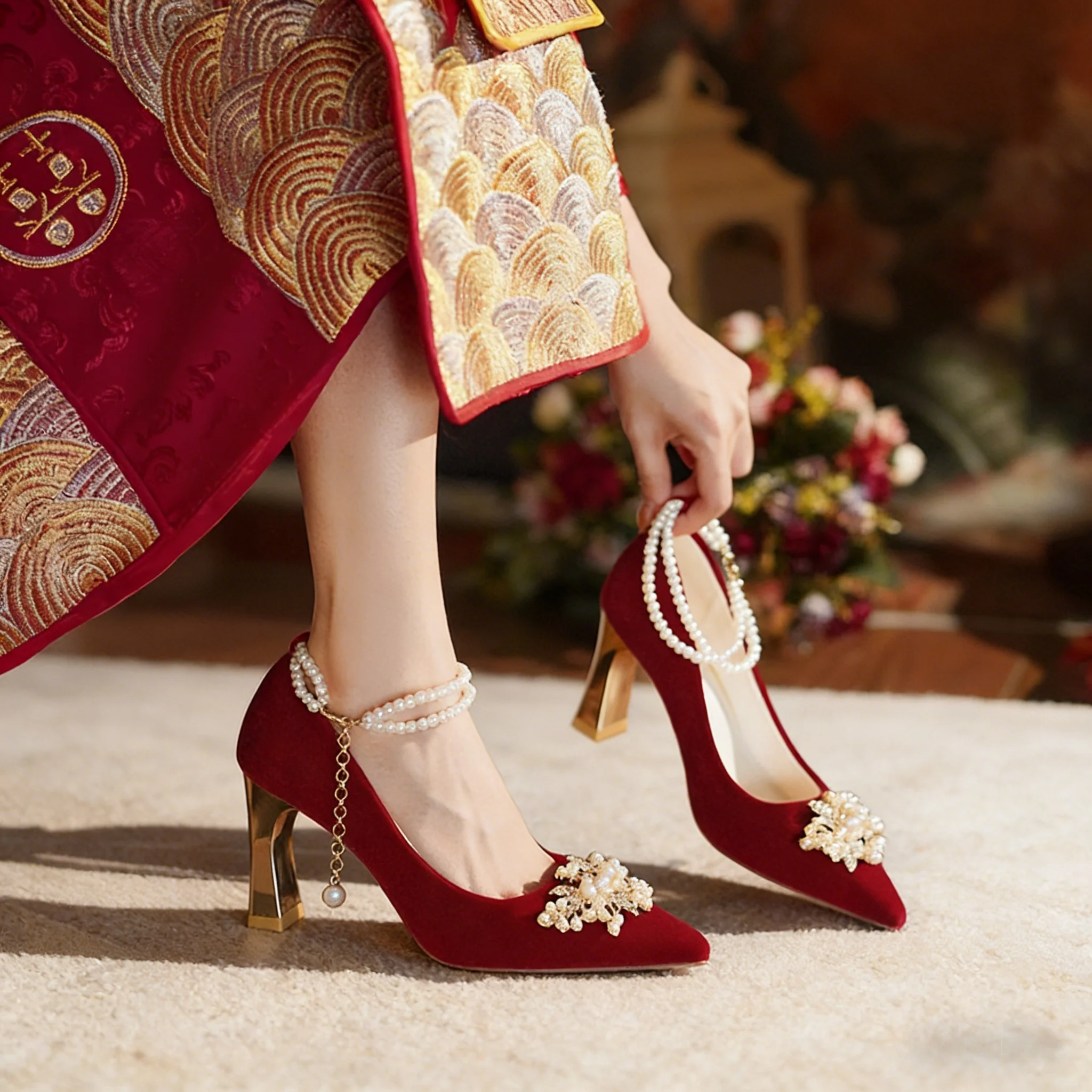 elegant-chinese-style-pearl-chain-decorated-red-wedding-shoes-for-women-with-flower-embellishments-and-thick-heels