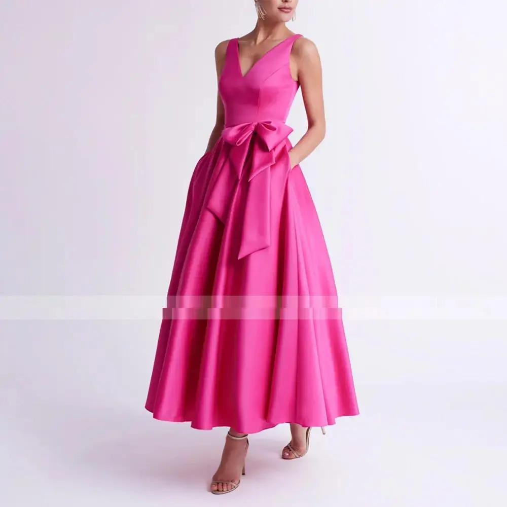 Pink Hochzeit Gast Kleider für Frauen Satin V-Ausschnitt eine Linie Mutter der Braut Kleid Midi Bogen Taschen formelle Abend party