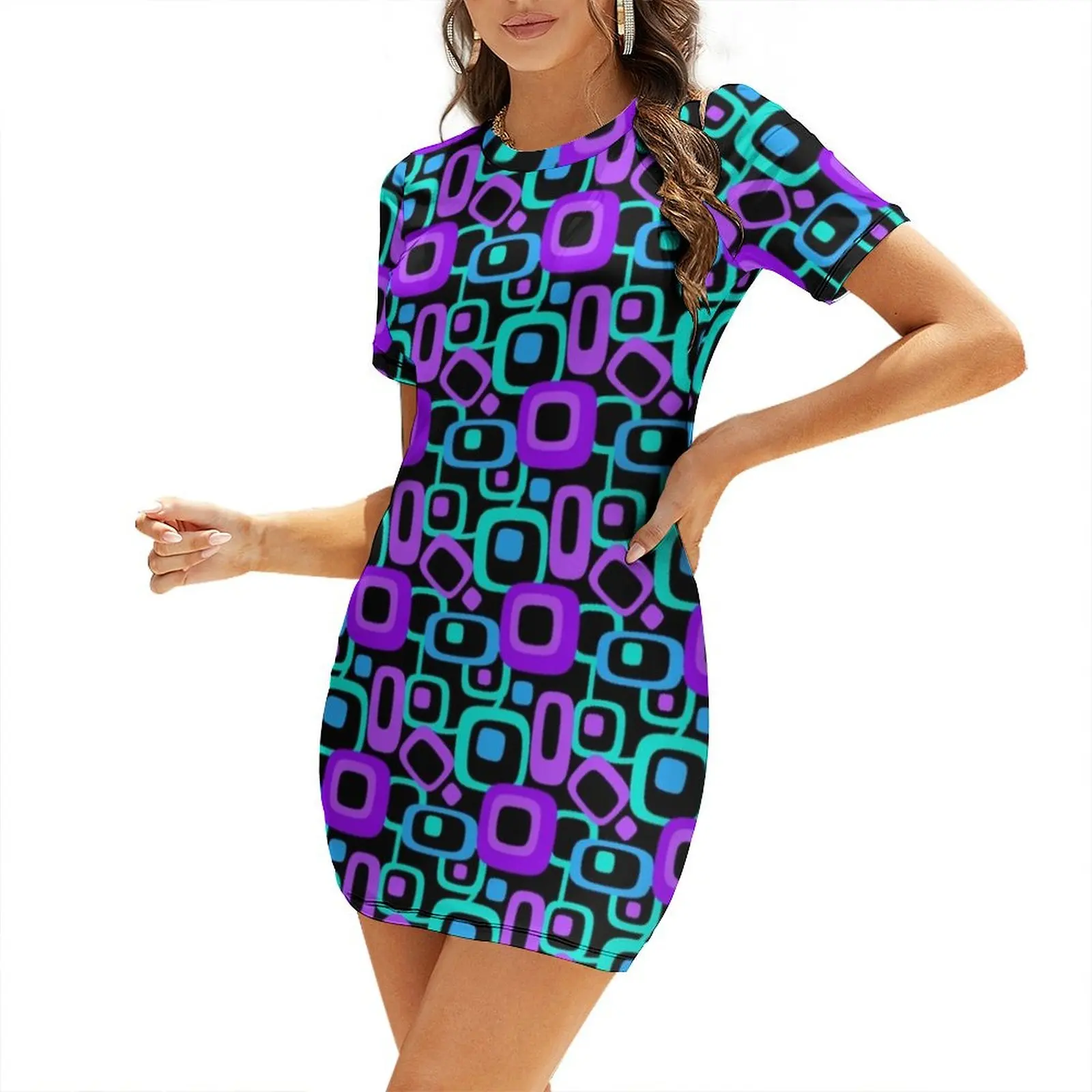 

Retro '70's Purple and Teal Short-Sleeved Dress elegant guest wedding dress evening dress Elegant gowns