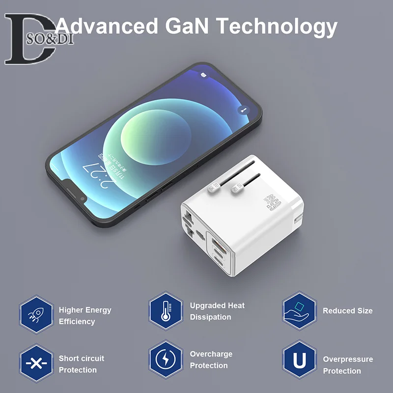 

1Pcs Universal Travel Adapter 65W GaN Fast Charger with UK EU AU US Plugs 2USB-C PD & USB-A QC Worldwide International Charger