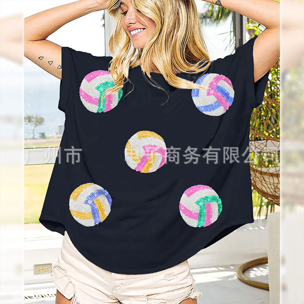 2024 Summer New Women's T-Shirt American Fashion Colorful Baseball Sequin Pullover O-Neck Short Sleeve Top Women's Clothing