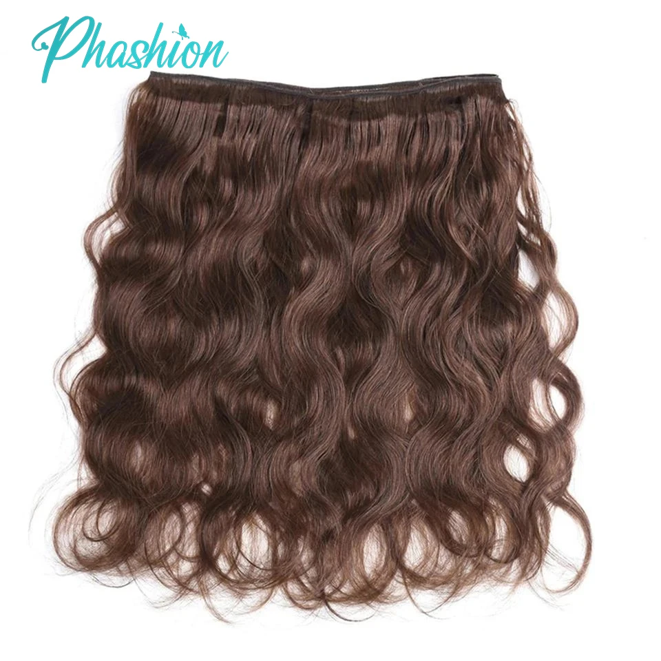 Phashion #4 paket cokelat tubuh tenunan dengan 2x6 rambut manusia penutupan renda gelombang berwarna 100% Remy ekstensi rambut Brasil