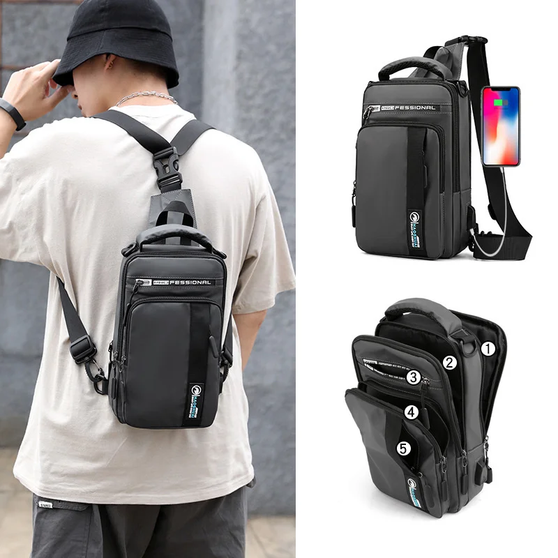 Haoshuai new outdoor multifunzionale borsa a tracolla da uomo trend borsa a tracolla singola borsa da uomo zaino ricaricabile USB