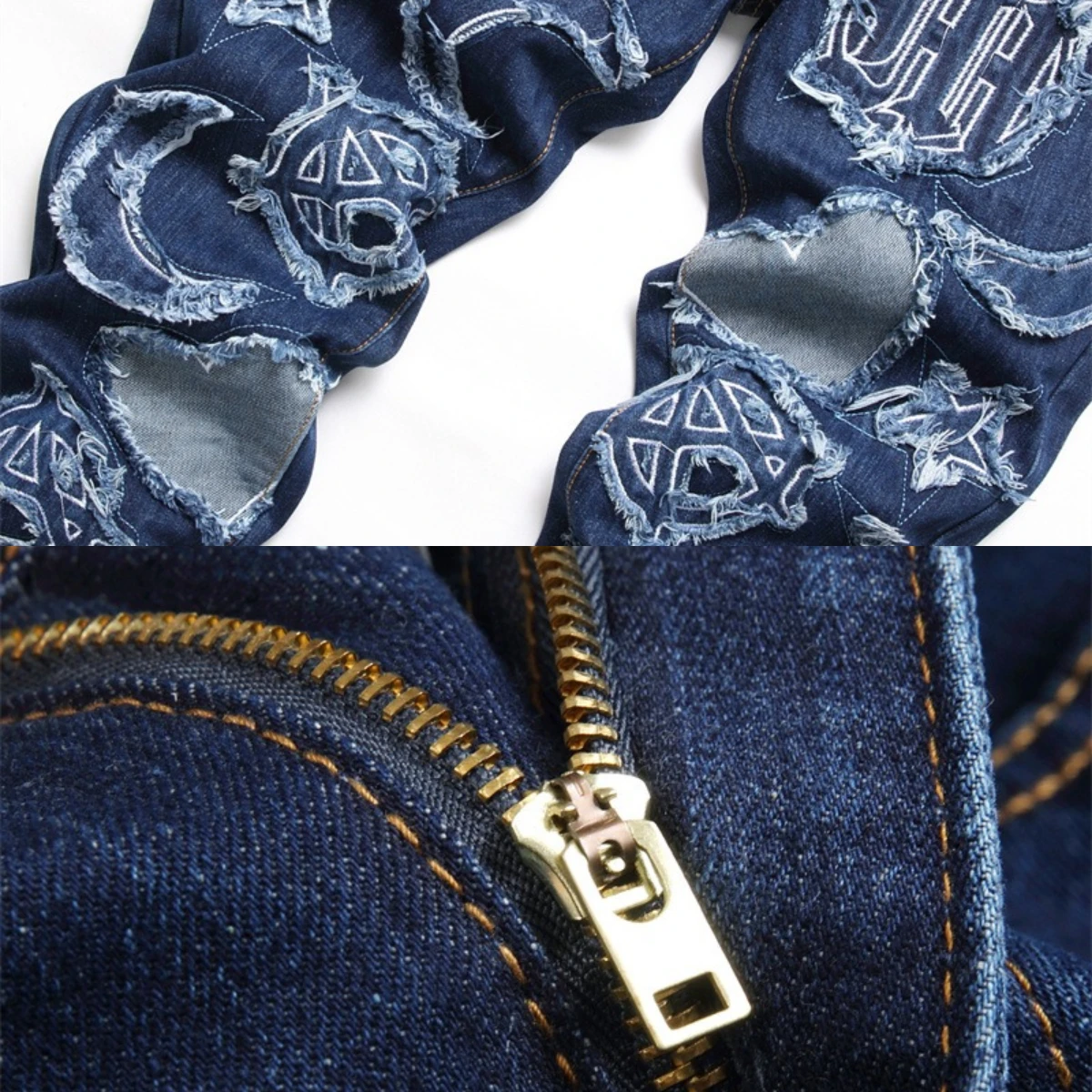 Leopard Pattern Spliced Jeans Men's Pants Badge Embroidery Star 3D Worn Out Zipper Slim Fit Versatile European American Trends 2