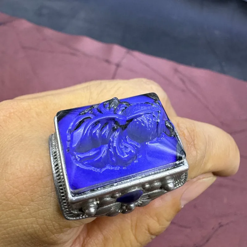 New Tibetan Silver Tone Adjustable Ring, Inlaid Mood Color Changing Stone Ethnic Style Fish Pattern Fashion Finger Jewelry