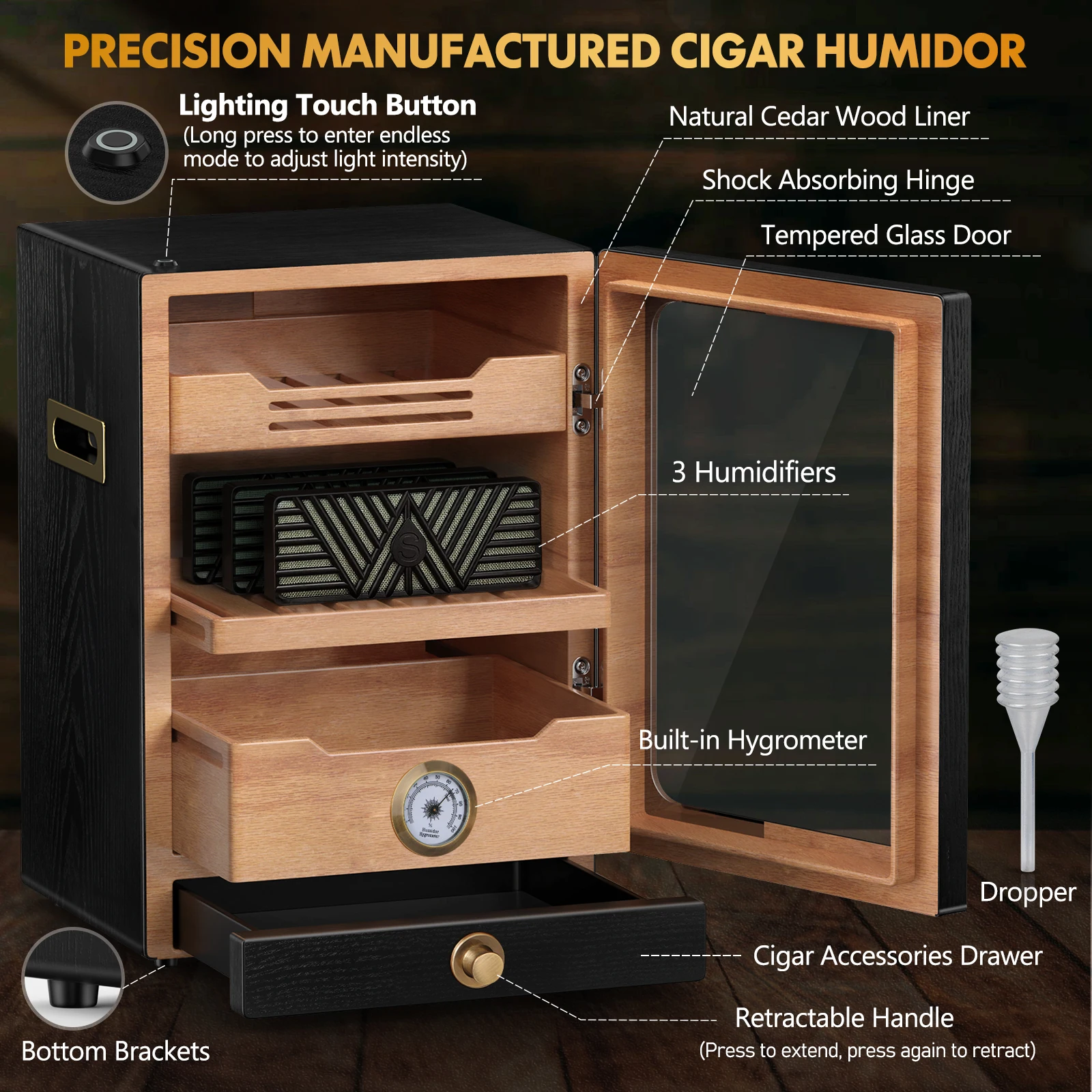 Desktop Cigar Humidor Cabinet, Light Control, Cedar Wood Shelves, Hygrometer, Humidifiers, Cigar Accessories Drawer