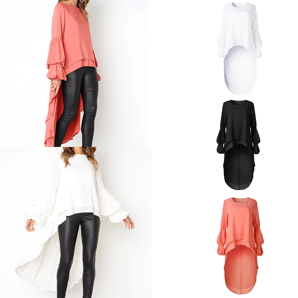 Femmes Peplum volants haut irrégulier chemisier fille trompette manches t-shirt pull robe longue