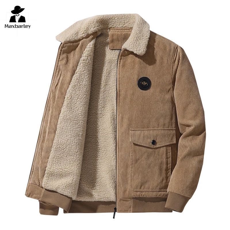 Lamb Fleece Cotton-padded Jacket Men\'s Winter Vintage Corduroy Thickened Warm Jacket Street Fashion Motorcycle Cold-proof Coat