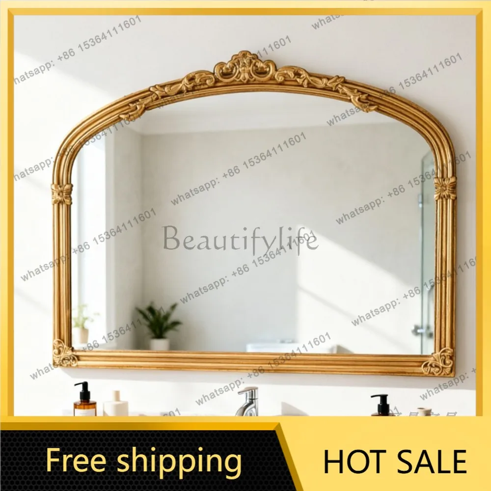 YJ French Retro Carved Arch Wall Mirror Mid‑Century Vanity Unit For Bathroom Bedroom Dressing Fireplace Home Decor