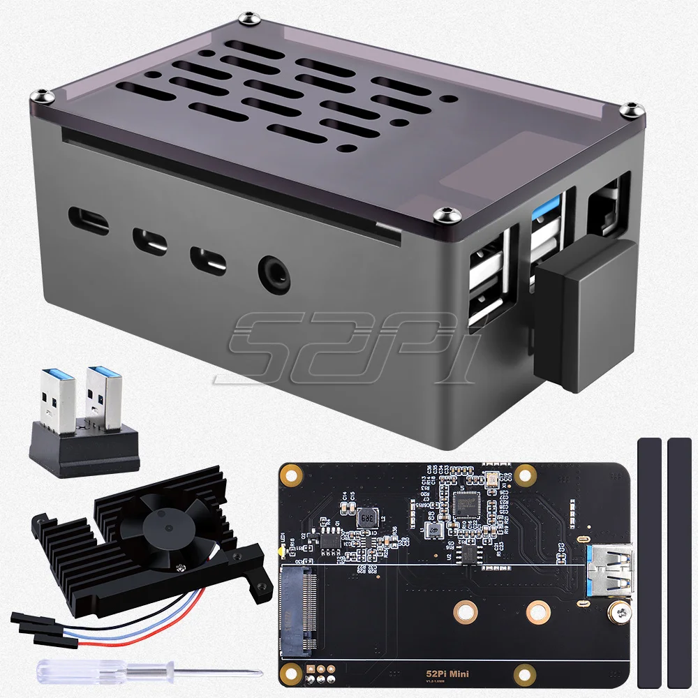 52Pi Aluminum Brick Case Black Enlosure Shell with Adjustable Speed 3510 Quiet Cooling Fan & M.2 Sata SSD for RPI 4B