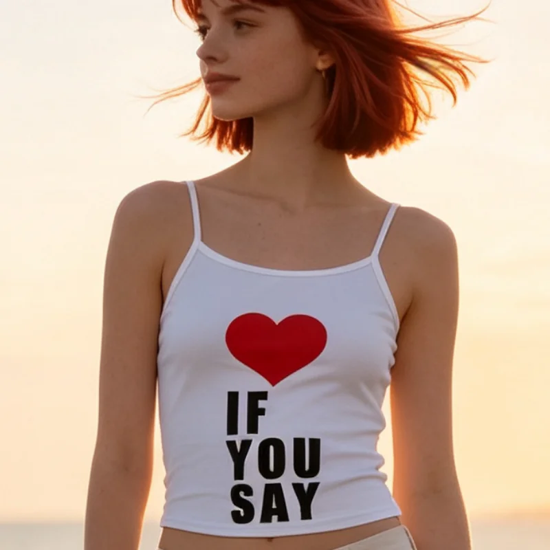 Retro Harajuku Cute Crop Tops Casual Letter Printed Sling Strap Graphics Summer Sexy Y2K Aesthetic Hot Girl Slim Women Baby Tees