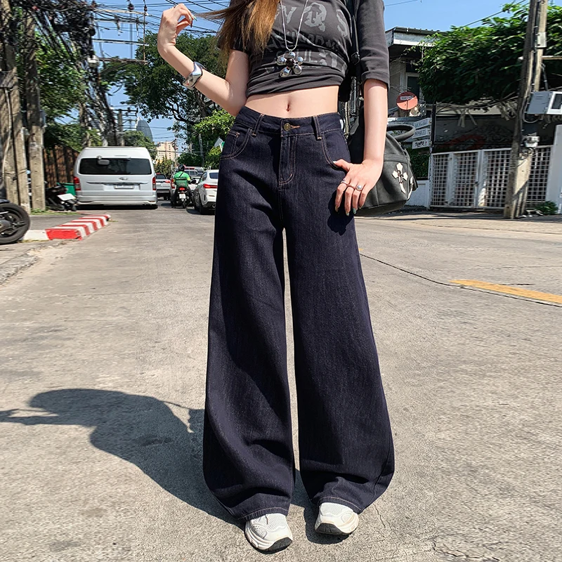 High Quality Spring Summer Women's Jeans Retro Blue High Waist Loose Wide Leg Original Dark Blue Versatile Trousers Female