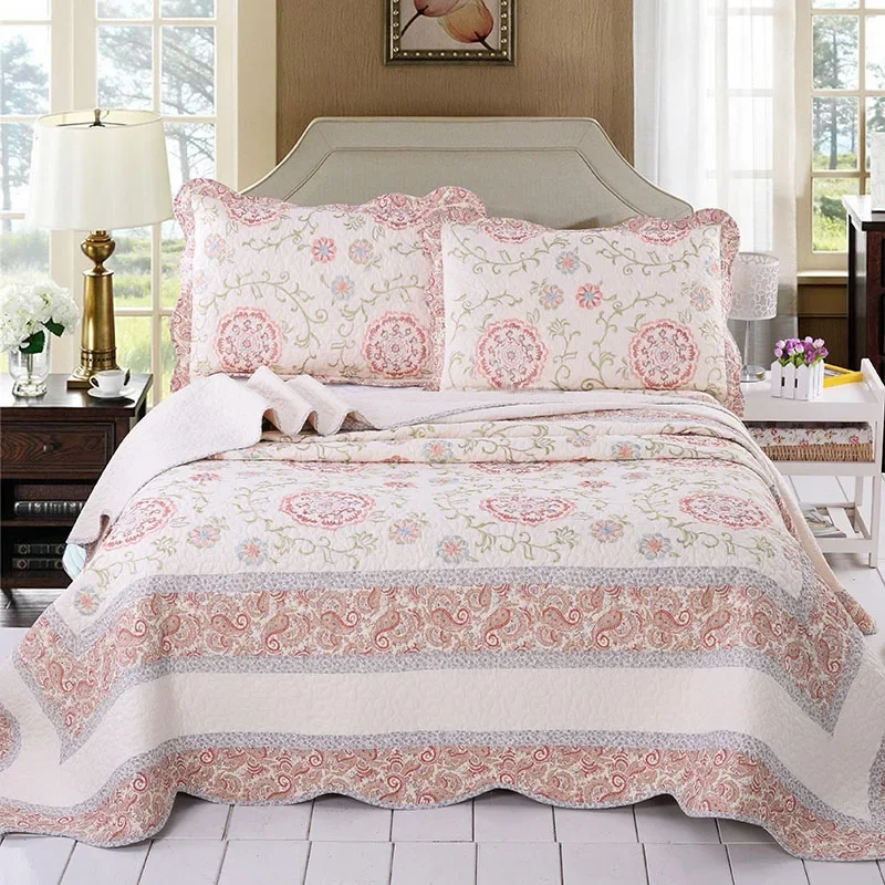 

Cotton Embroidered Quilt Set 3PCS Bedspread with 2 Pillowcase King Queen Size Lightweight Comforter Coverlet Summer Bedding Set