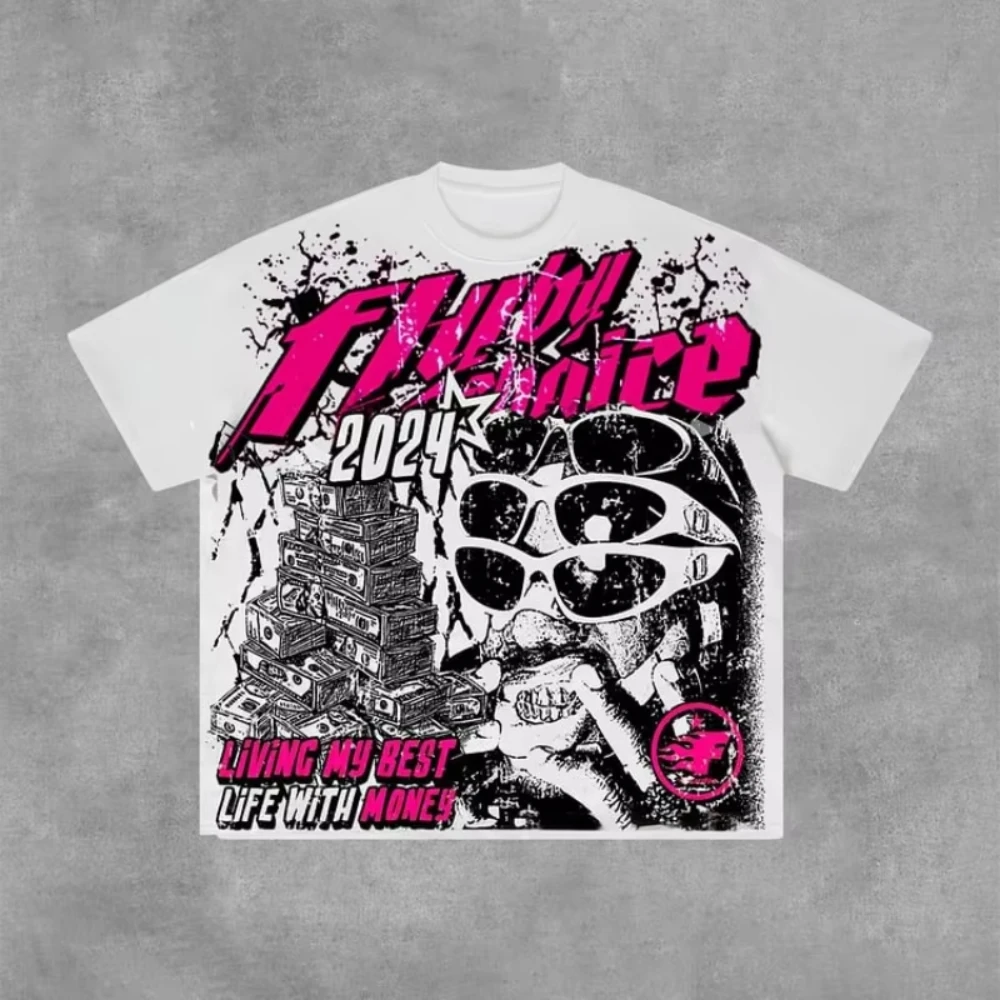 

Fly By Choice Living My Best Life with Money Графическая футболка из 100% хлопка Мужская винтажная футболка большого размера Y2K Уличная женская одежда Топы