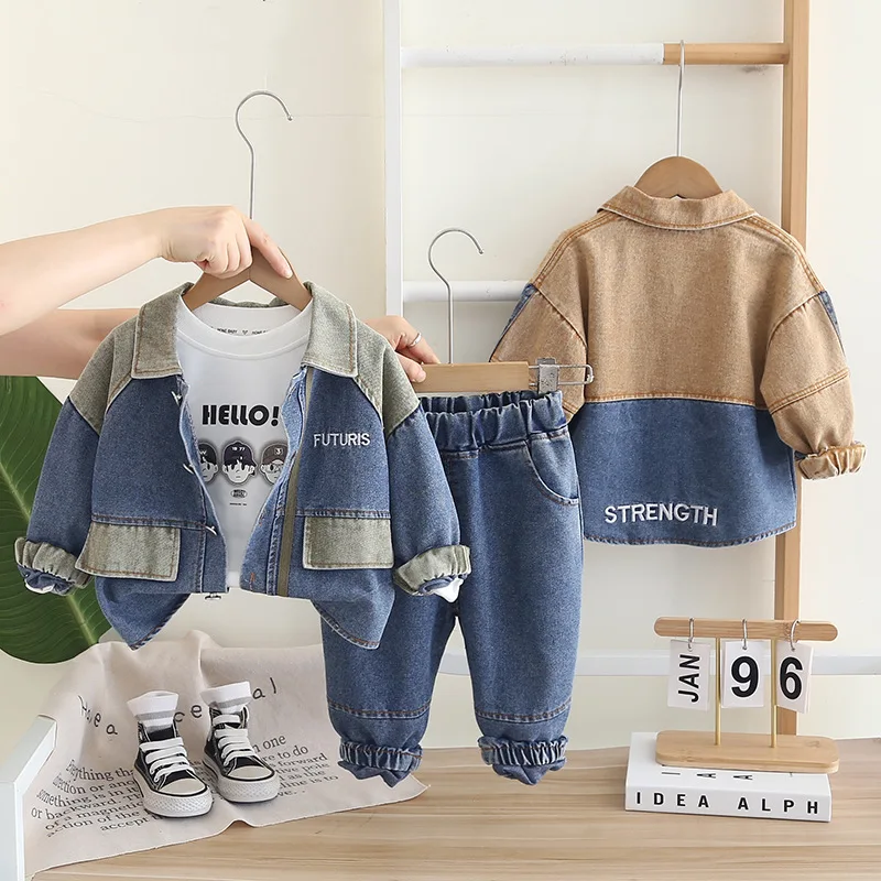 

2025 New Handsome Boy Jacket Cardigan Autumn Clothes Children's Lapel Denim Color-Blocking Pocket Boy Baby 3-Piece Set