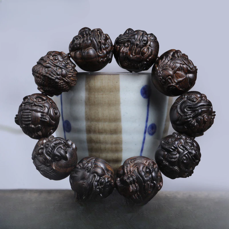 

Native Huang Qinan Eaglewood Bracelet 3D Three-Dimensional Carved Bracelet Buddhist Buddha Rosary Bracelet Prayer Beads