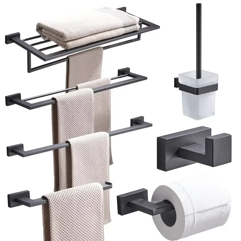 Wall Mounted Bathroom Accessories Set Black Towel Rack Set Stainless Steel