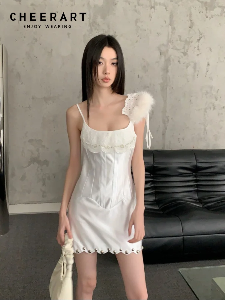 CHEERART Punk Swan Feathers White Satin Mini Dress For Women Summer 2024 Sundress Romance Rivet Backless Slip Short Dress